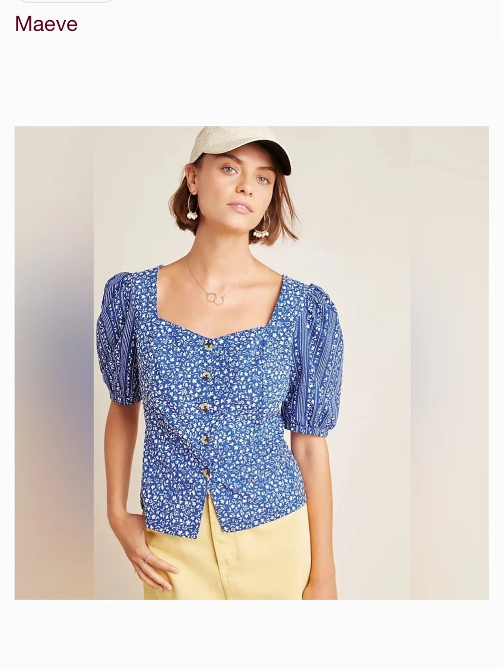 Maeve by Anthropology Blue Floral Square-Neck Puff Sleeve Button Top size 8